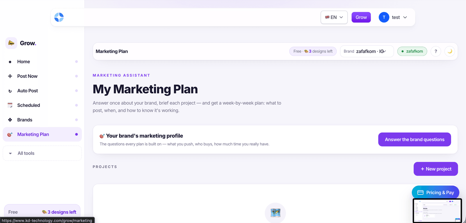 A week-by-week marketing plan per project, with forecasts and weekly success checks.